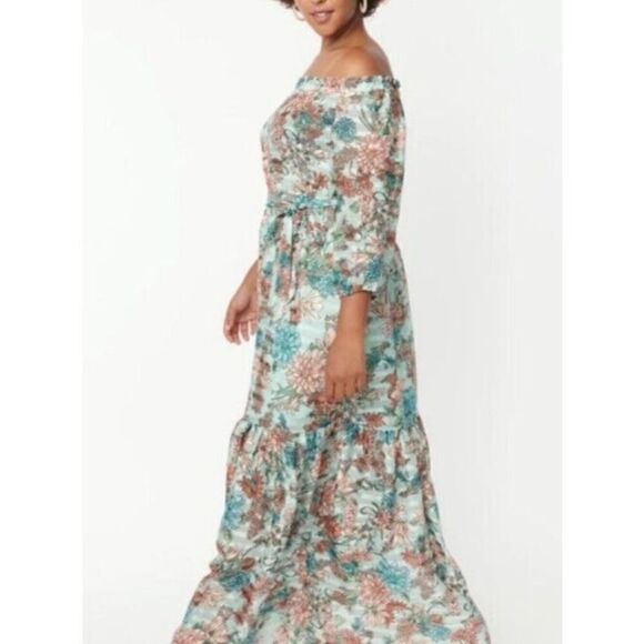 Unique Vintage Sample Dress Plus Size 3XL Green Floral Off The Shoulder Maxi - Picture 2 of 14